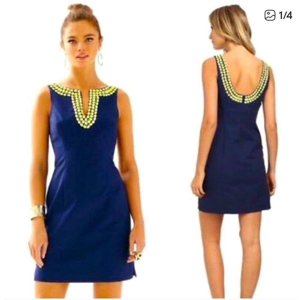 Lilly Pulitzer Blair Jacquard Sleeveless Dress Navy Blue Limoncello Beading 4